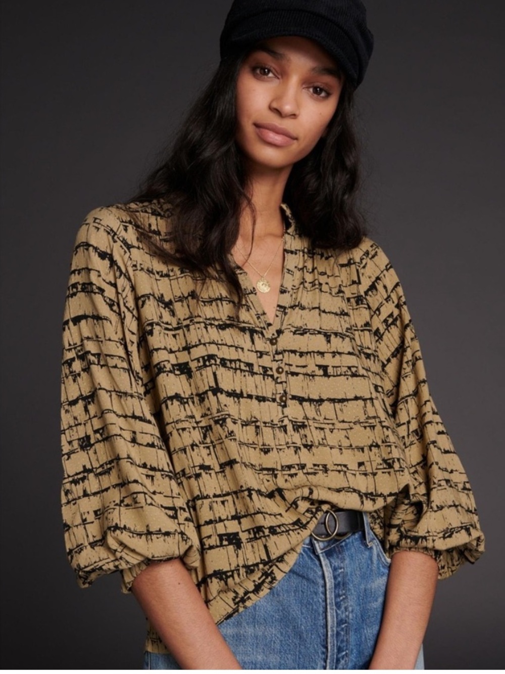 Anthropologie maeve collete balloon sleeve blouse womens XL black tan